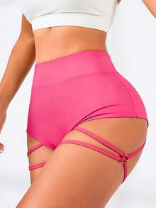 SHEIN Sports Solid Color Sexy High Waist Cut Out Sports Shorts - Pink - View 3