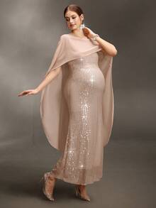 Cheriluna Maternity Sleeveless Round Neck Chiffon Shawl Fitted Sequin Maxi Dress With Double-Layer Fishtail Hem Design For Maternity Photography - Champagne - View 1