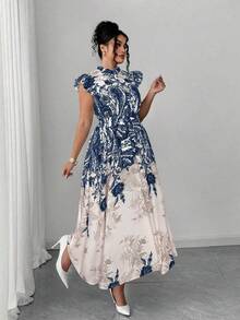Elenzga 大码女士度假荷叶边V领长裙，优雅性感廓形，适合各种身材，适合度假、花园派对、约会、朋友聚会、休闲场合、海滩度假、公园野餐、通勤、购物、拍照——舒适面料，独特设计，超值女士夏季连衣裙，印花中长连衣裙，女士花园派对连衣裙，女士优雅经典蓝白休闲连衣裙，菲律宾风情 - 藏蓝色 - 查看 5