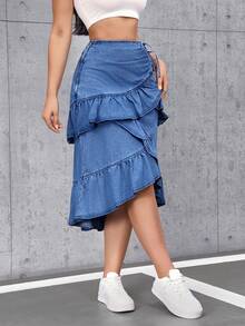 SHEIN Tall Chân váy chữ A bằng vải denim phối nhiều mảnh, thắt eo, xếp nếp, dành cho nữ. - Rửa trung bình - Xem 3