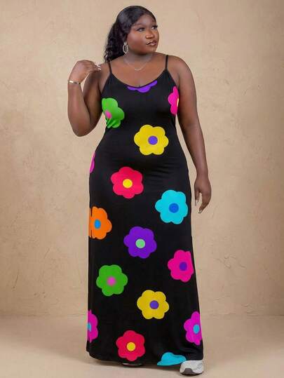 CurvyTilda 大码女式花卉印花休闲宽松吊带连衣裙，度假风格