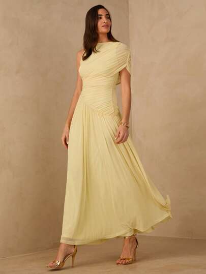 Enchnt Spring/Summer Romantic Women's Yellow Asymmetric Neck Sleeveless Ruched Waist Mesh Maxi Dress,Sweet&Elegant For Party&Prom&Vacation&Date&Holiday&Going Out&Valentine's Day,Spring Outfit Women