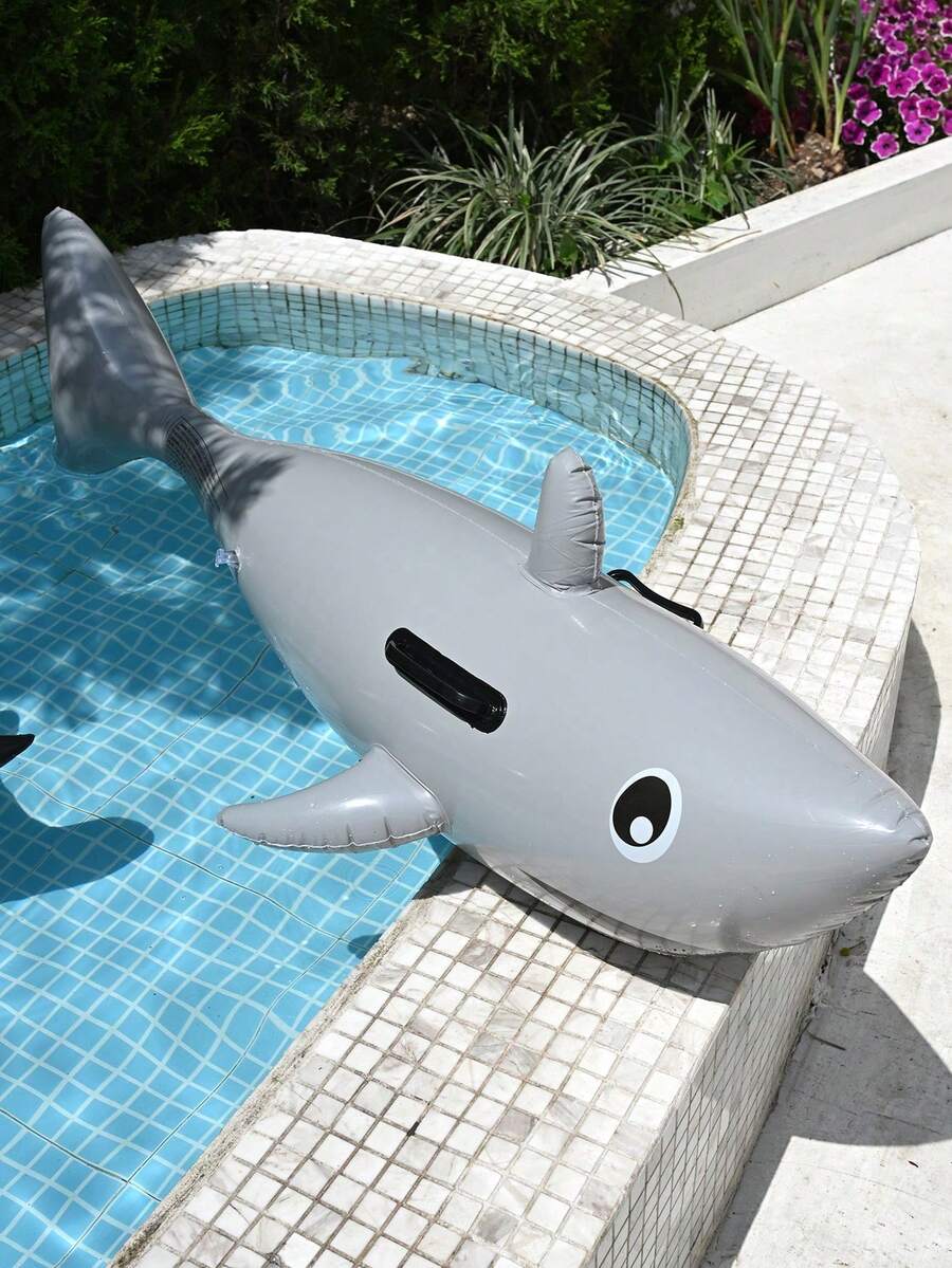 1PC Inflatable Grey Shark Shaped Floating Water Lounger, Perfect Summer Gift For Pool And Beach Party, Swimming Pool Raft Floating Recliner Fun And Relaxation During Vacation, Beach Essentials, Beach Accessories - Grey - View 1