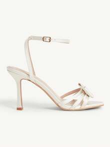 CUCCOO CHICEST Women Shoes Beige Satin Satin High-End Bow Design Fashion Elegance Temperament Banquet Round Toe Ankle Strap High-Heeled Sandals Summer Shoes - Off-white satin satin - View 3