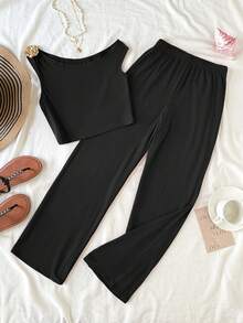 Kids/Tween Girls' Rose Decor Ruched Off-Shoulder T-Shirt & Matching Solid Color Leggings Set, Black, Spring/Summer - Black - View 2