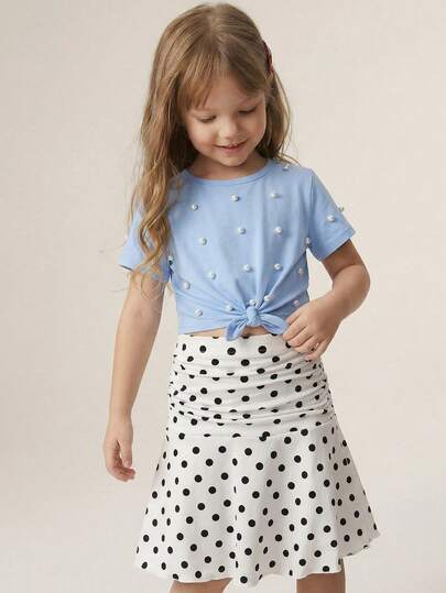 Maija Kids Maija Kids 1 chiếc váy ngắn xếp ly chấm bi trắng đen dáng rộng, thanh lịch, dễ thương cho bé gái, thích hợp mặc hàng ngày, đi học, đi chơi, họp mặt, lễ hội, mùa xuân và mùa hè.
