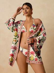 Travachic Áo khoác kimono cỡ lớn dành cho nữ, in họa tiết hoa cổ điển, thích hợp cho kỳ nghỉ biển và mùa hè. - Nhiều màu - Xem 3