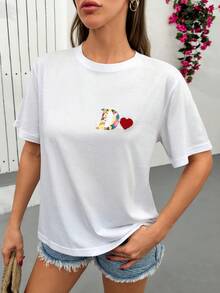 Cloudara 女士白色纯棉短袖圆领宽松版型刺绣字母D爱心图案夏季休闲基础款T恤 - 白色 - 查看 3