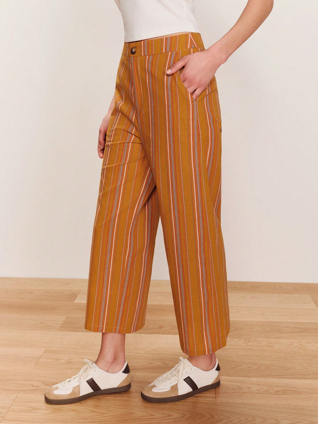 Brown High Waisted Straight Leg Camel Striped Pants 3/4 Length Cute Spring Summer Vintage Striped Pants Vacation Outfit French Style Parisian Style
