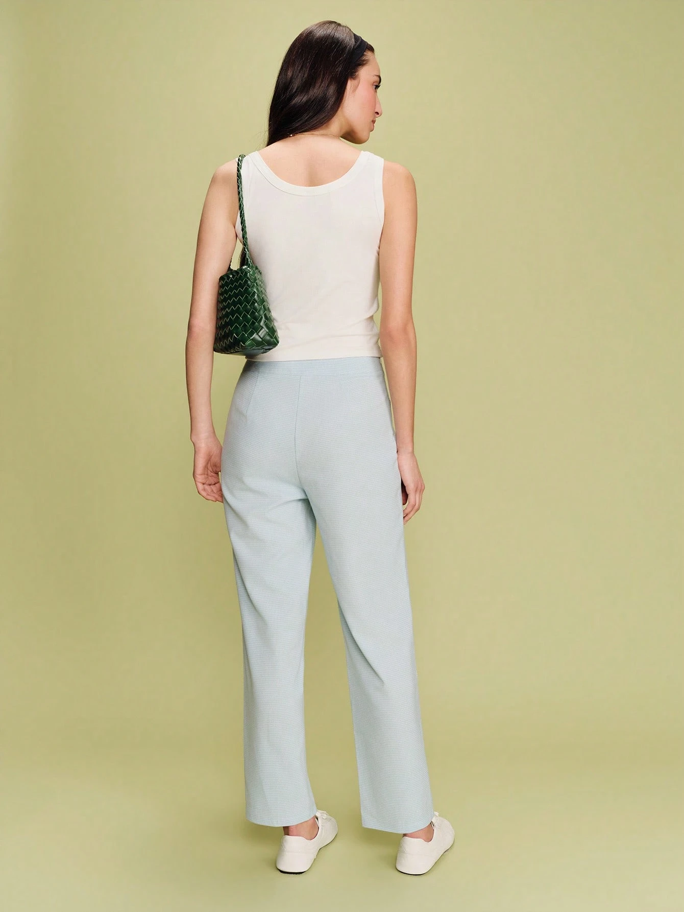 Blue Check Pattern Fitted 3/4 Length Trousers With Piped Pockets Cute Pants Office Outfit Business Casual Pants Spring Summer French Style Parisian Style Light Weight Pants For Women Casual Outfit For Women
