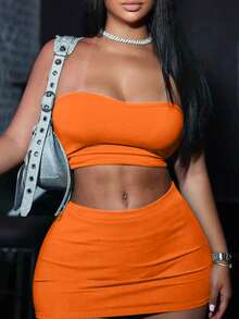 INAWLY Conjunto de 2 piezas de top tubo y minifalda de unicolor para mujer - Naranja - Ver 3