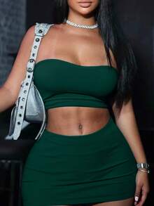 Slouenne Slouenne 2pcs/Set Women Crop Top Tube Top And Mini Skirt Set, Summer - Dark Green - View 3