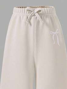 SHEIN Explorewe 女童阔腿裤，腰间系带，印花图案，休闲运动风，适合返校季和秋冬季穿着。 - 卡其色 - 查看 4