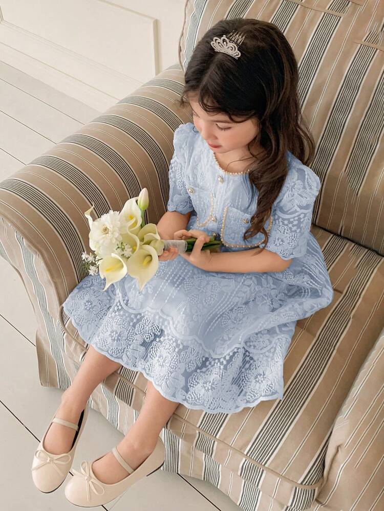 Young Girl Summer New Arrival Princess Elegant Charming Mandarin Collar Pearl Embroidery Waist Cinched High-Waist Lace Dress Sun Dresses For Women