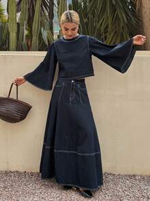 DAZY Bộ áo len chui đầu và chân váy denim dành cho nữ, thích hợp cho mùa xuân/hè. - Màu xanh lam - Xem 1