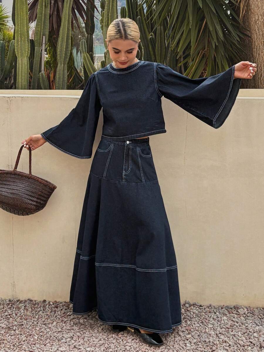 DAZY Bộ áo len chui đầu và chân váy denim dành cho nữ, thích hợp cho mùa xuân/hè. - Màu xanh lam - Xem 1