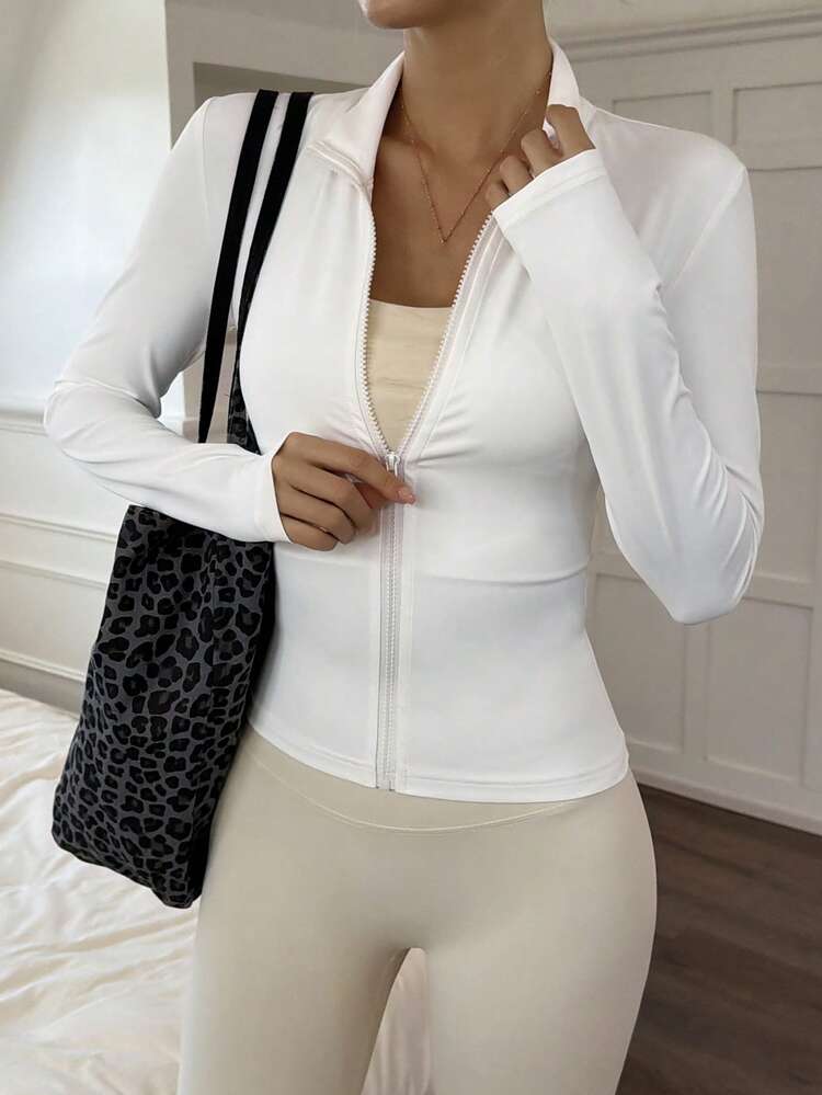 Women's Solid Color Long Sleeve Zip Collar Fitted T-Shirt Summer