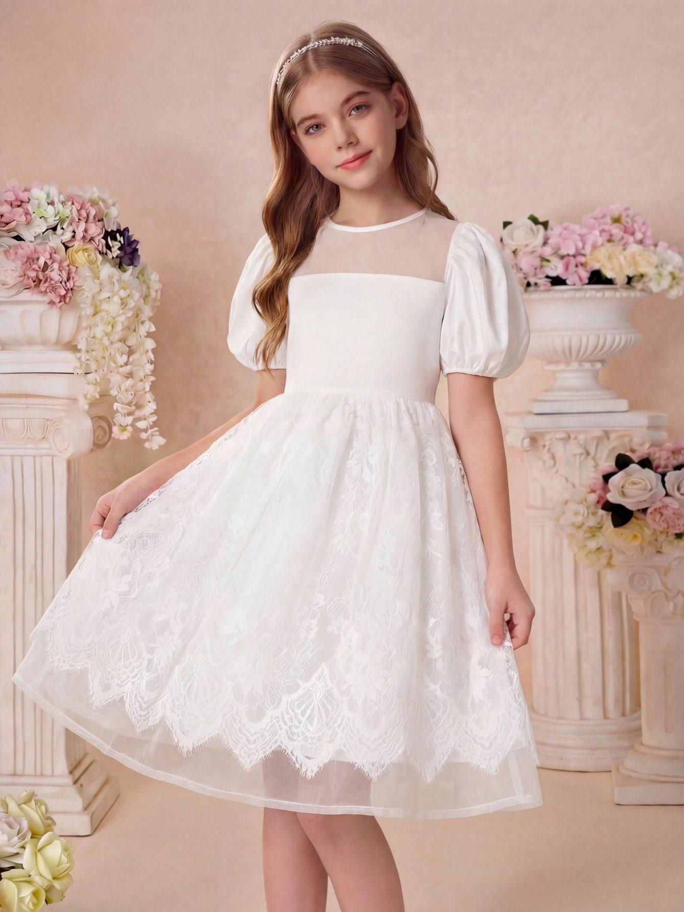 Pitira فستان بناتي أنيق من القطن الساتان الأبيض مع...