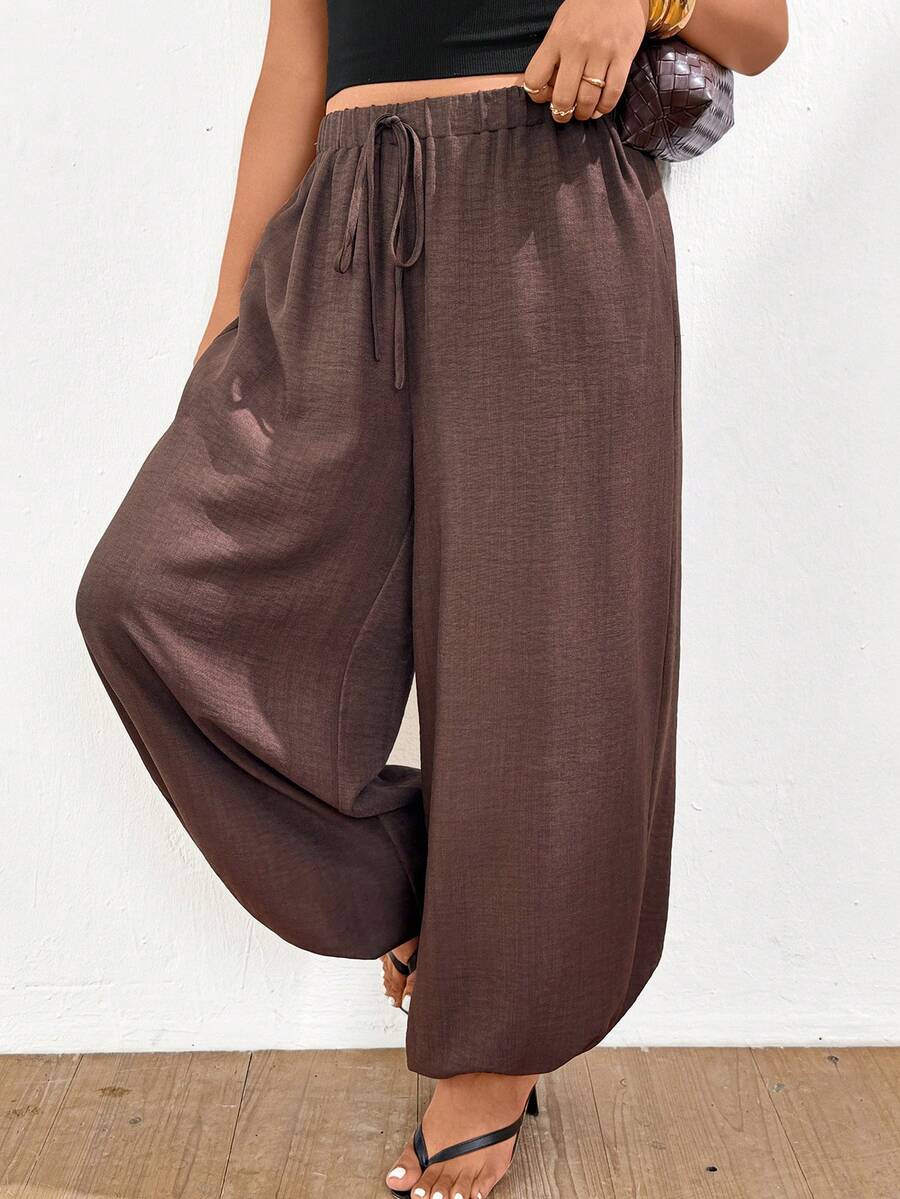 Lounesse Quần dài màu nâu cỡ lớn dành cho nữ, kiểu quần ống loe thời trang, đa năng, phù hợp mặc hàng ngày và đi làm, có túi. - màu nâu - Xem 1