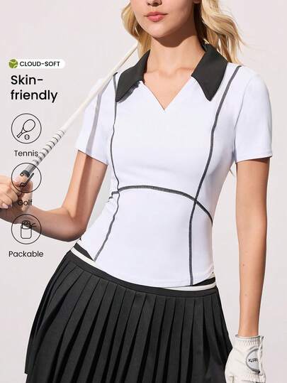 CourtClass Women's Golf Sports Outdoor Exercise Slim Fit Black & White Polo Shirt, Golf Apparel Women Golf Top Tennis Top Cute Tennis Outfit