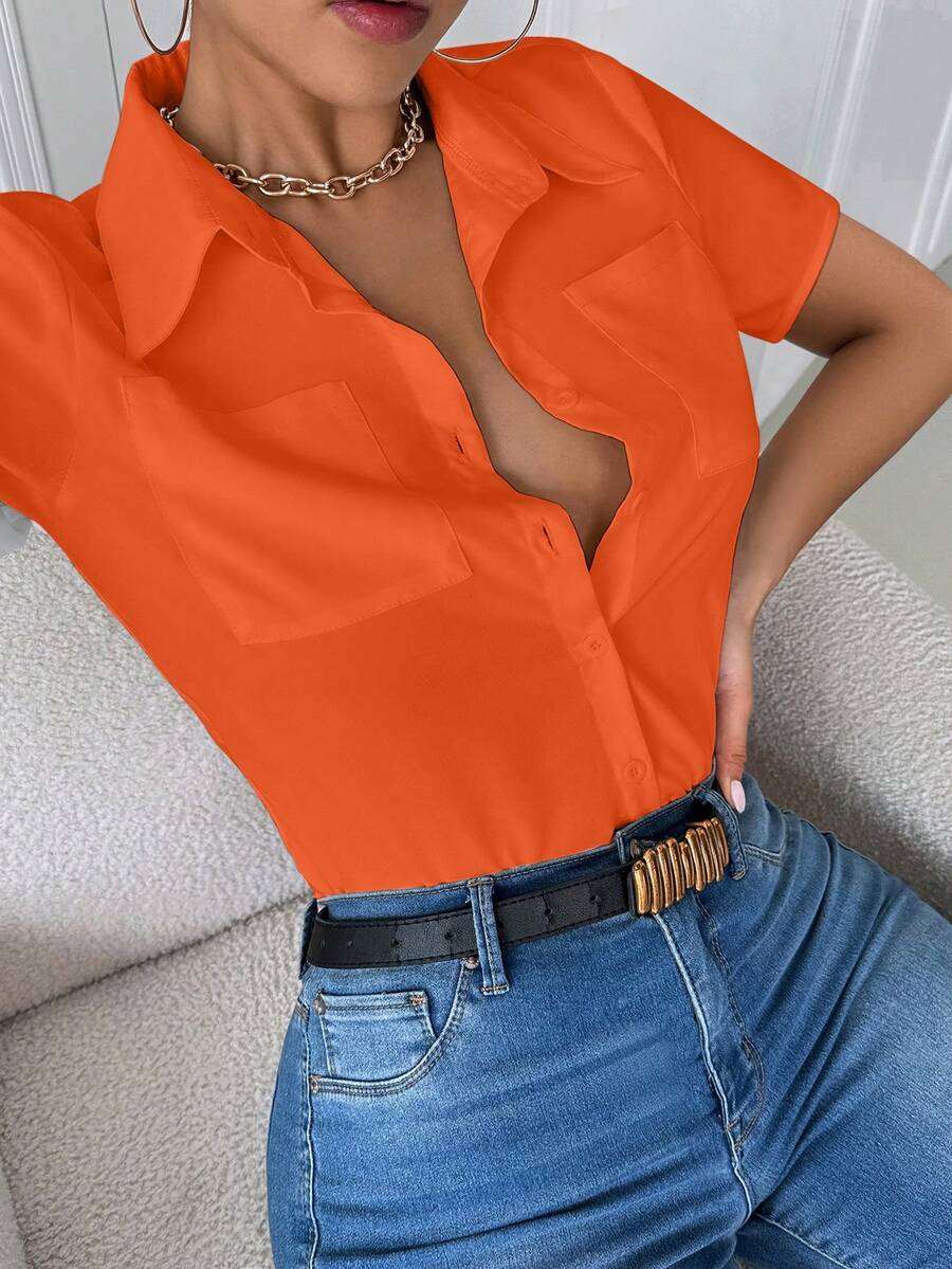 INAWLY Casual Turn-Down Collar Pocket Fitted Long Sleeve Orange Blouse Top For Women - Orange - View 1
