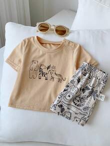 2pcs/Set Baby Boy Casual Simple Round Neck Short-Sleeved Short-Sleeved Two Pieces Set Suitable For Summer - Khaki - View 10