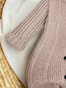 SHEIN 新生女婴可爱针织连体衣，带连脚裤和帽子套装，适合秋冬季 - 卡其色 - 查看 6