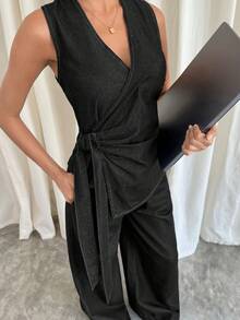 Siren Gaze 女士侧边打结无袖上衣和阔腿牛仔裤套装 - 黑色 - 查看 6