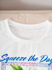SHEIN Tween Girls T-Shirt Set,Fresh Lemon Print White Short-Sleeve Tee & Blue And White Checkered Wide-Leg Pant,Summer Cute Family Matching 2pcs Outfit - Multicolor - View 4