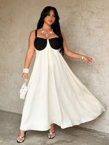 Rustia Plus Size Women's Elegant Black And White Color Block Spaghetti Strap Maxi Dress,Summer Holiday Vacation French Backless A-Line Pleated Dress - Multicolor - View 5