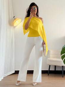 Rafferiza 不對稱領蝙蝠袖修身休閒通勤極簡風女式襯衫，春夏穿搭黃色上衣女款黃色上衣黃色上衣黃色透視上衣 - 黃色 - 查看 5