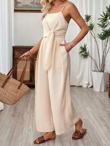 SHEIN Holidaya Bộ áo liền quần ống rộng bằng vải lanh kiểu dáng thường ngày dành cho nữ, thích hợp cho kỳ nghỉ hè, có dây buộc eo, thích hợp mặc mùa xuân/hè. - Màu Khaki - Xem 6