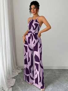 Elenzga Mono de mujer con cintura ceñida y estampado de tela, elegante para vacaciones y uso diario - Morado - Ver 4