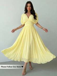 Firerie 女士新款优雅度假沙滩通勤休闲法式浪漫交叉荷叶边蝙蝠袖收腰喇叭连衣裙，奶油黄，适合通勤、约会、婚礼季 - 淡黃色 - 查看 5