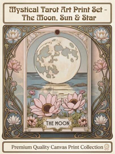 3件套复古太阳、月亮和塔罗牌主题油画风格墙饰，波西米亚风花卉植物墙面装饰，星空挂画，占星礼物，适用于客厅、卧室、厨房、办公室、咖啡厅、酒吧、宿舍、走廊，可选配画框