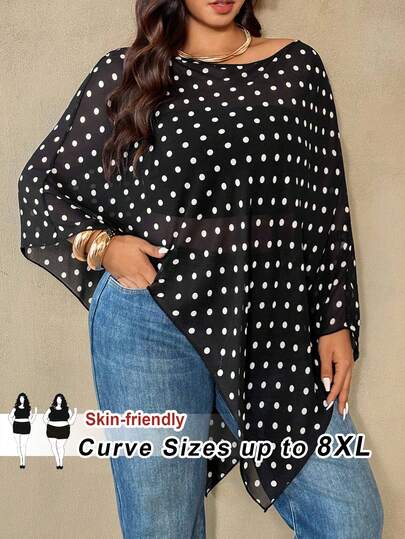 SHEIN CURVE+ Plus Size Women Polka Dot Print Asymmetric Hem Loose Batwing Sleeve Top/Round Neck Square Scarf-Style Cape Top / Black And White Polka Dot Sheer Mesh Flowy Casual Vacation Outfit / Sun Protection Top / Long Top