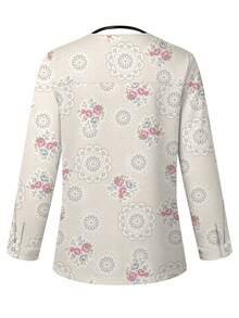 PopScrub Mandala & Rose Floral Print Scrub Jacket,Spring/Summer Fashion Cardigan For Nurse Uniform,Botanical Pattern Light Apricot Top,Maid,Work - Multicolor - View 2