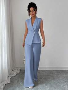 Elenzga 女士优雅通勤下午茶派对套装，不对称下摆无袖西装外套，金属腰带扣装饰，搭配松紧腰长裤，两件套西装，春夏款 - 霧霾藍 - 查看 1