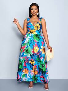 SOLERSUN Plus Size Women's Elegant Fitted Backless Long Dress, Floral Multi-Color Print, Cross-Neck V-Neck Ruffled Shoulder Straps, Multi-Layered Ruffled Hem Elegant Dress, Spring/Summer New Ruffled Short-Sleeved Tie-Up Pleated Loose Casual Floor-Length A-Line Suspender Dress Elegant Casual Vacation, Sexy Botanical Floral Fashion Women's Clothing, St. Patrick's Day, Green, Four-Leaf Clover, Summer Vacation - Royal Blue - View 3