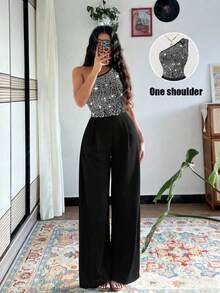 Eryvara 女士黑色亮片露肩修身长款连体裤，拉链设计，性感派对装扮，夜店装扮，春夏新款装扮，情人节约会装扮，生日装扮，泳池派对装扮，舞会装扮，演唱会装扮，商务通勤装扮，婚礼宾客优雅浪漫长款连体裤 - 彩色 - 查看 6