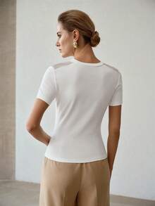 MOTF PREMIUM CAMISETA DE MANGA CORTA CON CONTRASTE DE MALLA PARA MUJER, PARTE SUPERIOR VERSÁTIL DE VERANO - Blanco - Ver 3