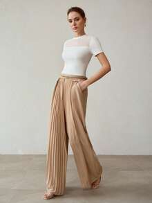 MOTF PREMIUM SUMMER NEW FASHION PLEATED PATCHWORK DESIGN CULOTTES, WOMEN KHAKI DRAPING WIDE LEG PALAZZO PANTS - Khaki - View 5