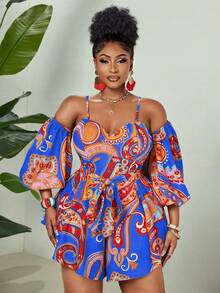 Maweii Plus Size Digital Print Elegant Off-Shoulder Backless Jumpsuit - Blue - View 7