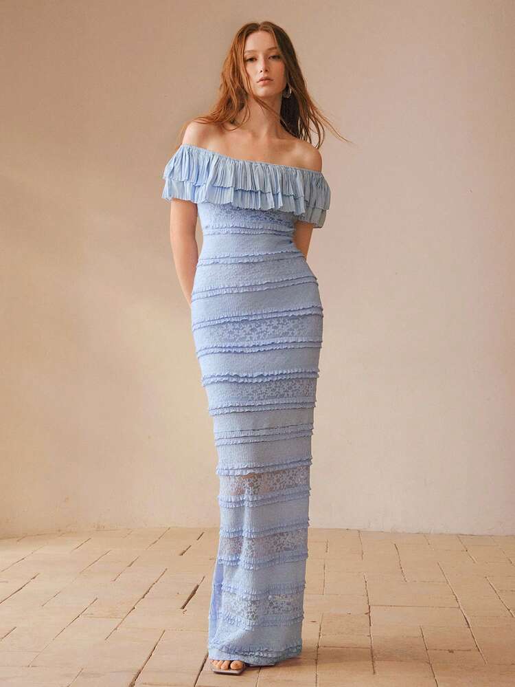 SPRING/SUMMER NEW KNITTED LACE PATCHWORK PLEATED OFF-SHOULDER CINCHED WAIST FASHIONABLE ELEGANT SEXY WOMEN DRESS