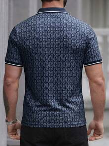 Manfinity CasualCool 男士全印花休闲通勤短袖 Polo 衫 - 寶藍色 - 查看 2