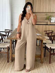Weeklong White Plus-Size Jumpsuit - Sleeveless, V-Neck & Loose Fit, Suitable For Daily Wear & Office Commute, Spring & Summer Outfit - Khaki - View 3
