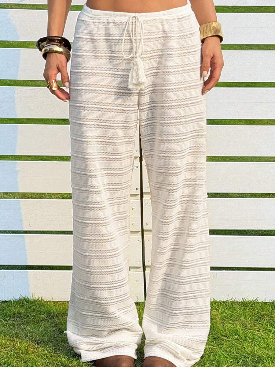 SHEIN EZwear 女士杏色针织阔腿休闲沙滩裤 - 杏色 - 查看 1