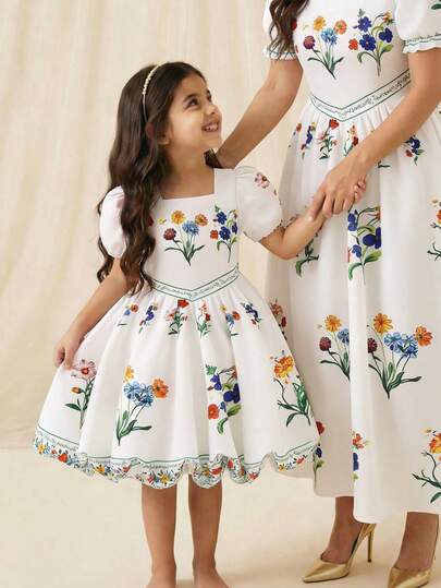 Glamorique Kids Young Girls Spring/Summer Elegant Sweet New Dress, Princess Dress, Woven Fabric White Base Colorful Retro Floral Digital Print Pattern, Square Collar Short Puff Sleeve Waisted Dress, Suitable For Sweet & Cute Young GirlElegant Aristocratic Feel, Pastoral Style, Suitable For Daily School, Outings, Vacations, Parties,Summer Outfits.Elegant Party Dresses, Spring Dresses For Girls, Kids Floral Dresses, Charming Kids Dresses, Summer Outfits.Vestidos Elegantes Para Fiesta.Squishy Dress.