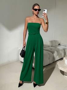 Lavishia Women's Green Elegant Fashionable Belted Wide Leg Jumpsuit, Spring/Summer - Green - View 4