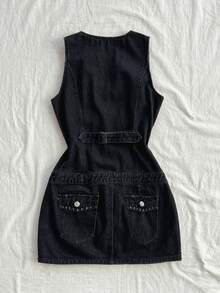 Elamini 女士时尚单排扣无袖牛仔连衣裙 - 黑色 - 查看 2